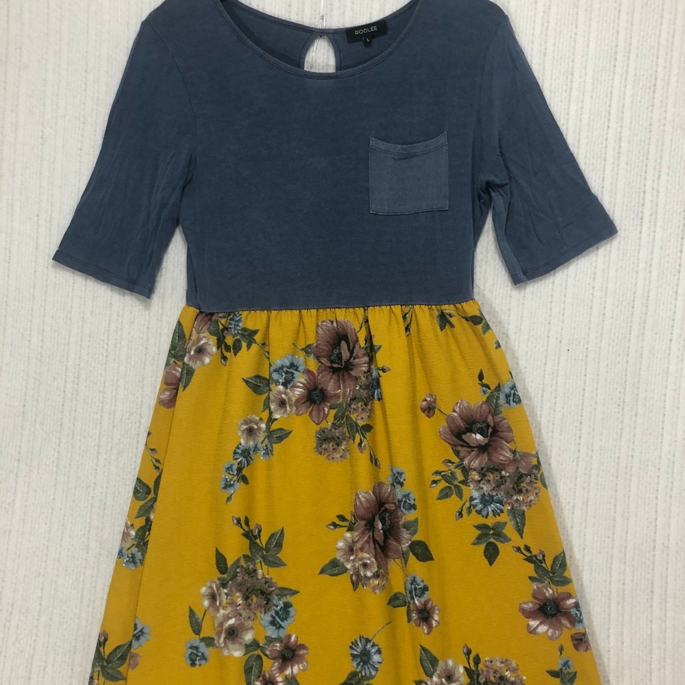 ROOLEE Blue and Mustard Yellow Floral Mixed Media Midi Dress Large KC22117R